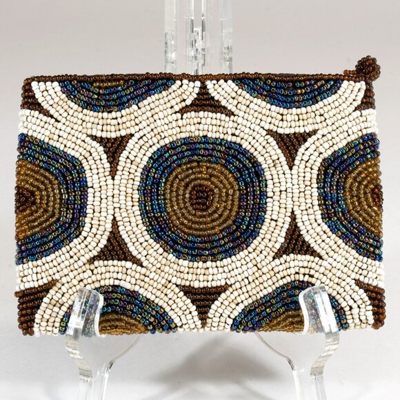 Bronze & Tan Zippered Seed Bead Coin Purse/Small Pouch - Picture 1 of 4